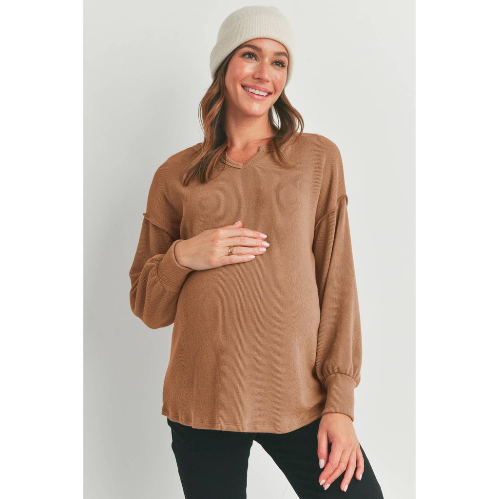 Brown Split Neck Long Sleeve Maternity Lightweight Knit Sweatshirt