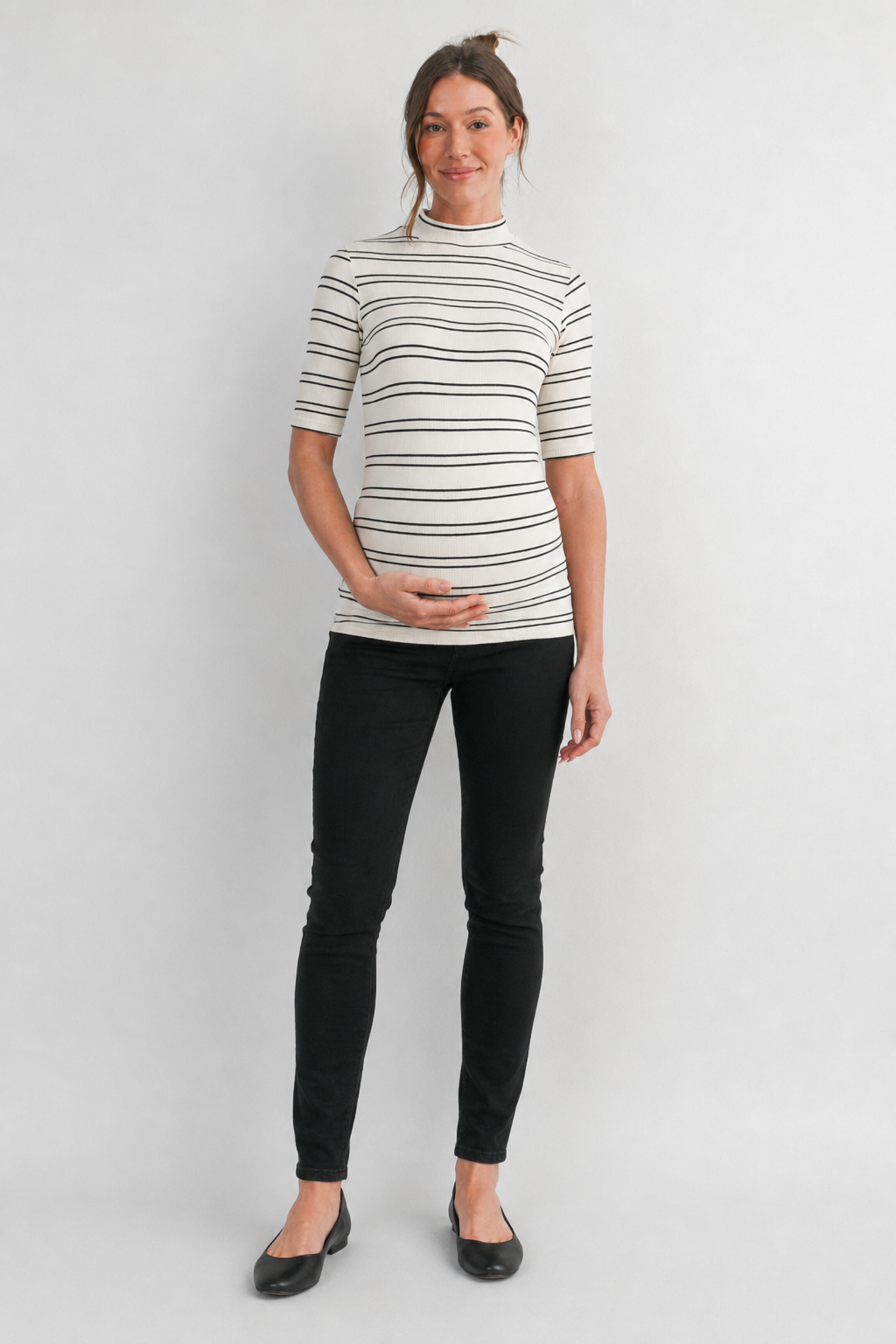 Grey & White Soft Knit Striped Mock Neck Top