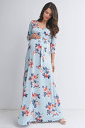 Sky Blue Floral Maternity Nursing Surplice Maxi Dress