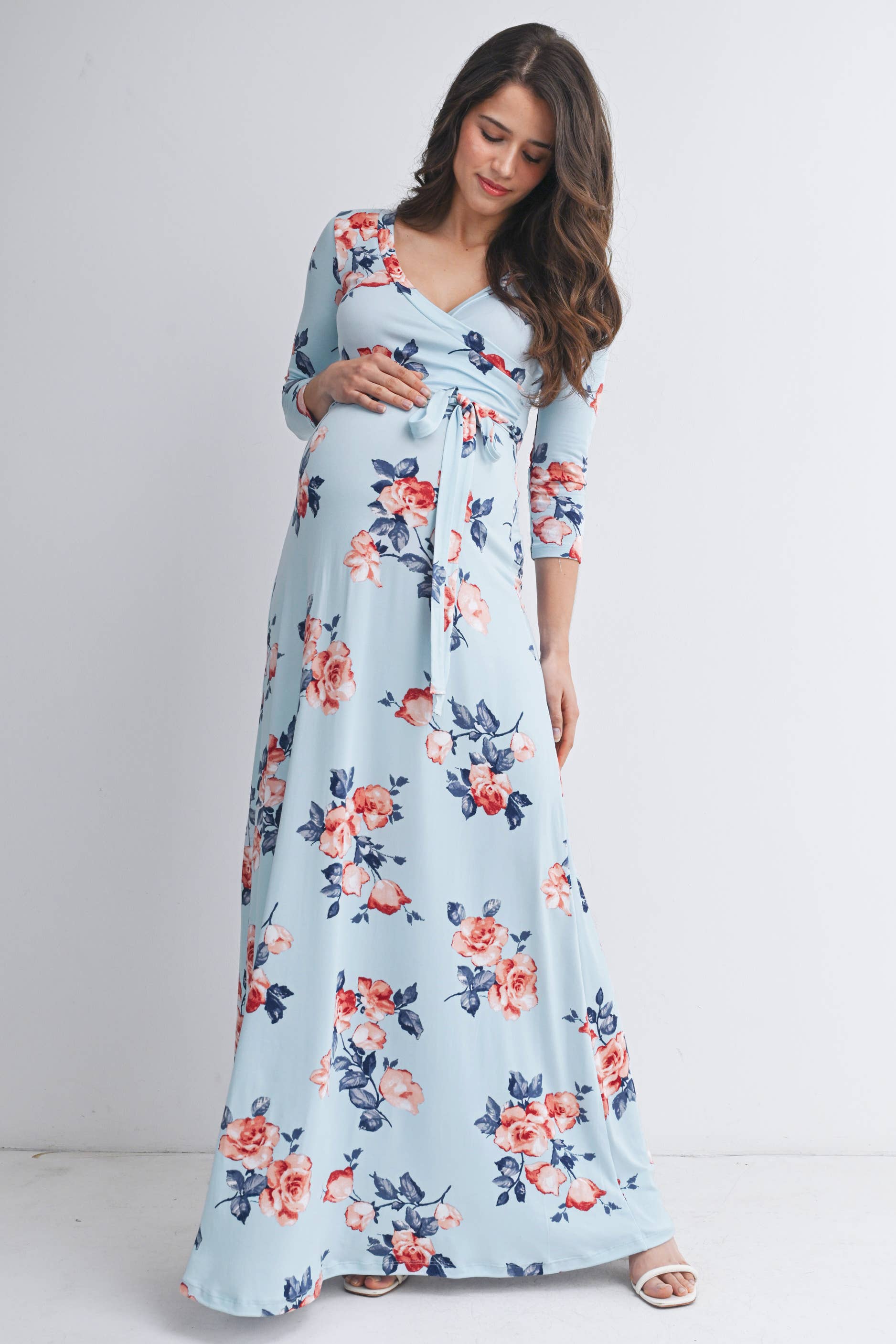 Sky Blue Floral Maternity Nursing Surplice Maxi Dress