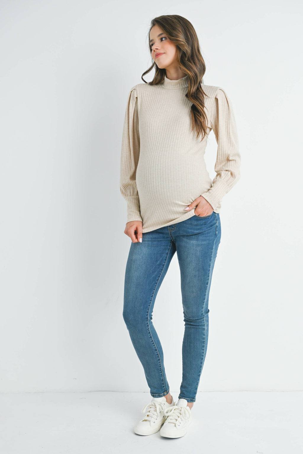Oatmeal Ribbed Mock Neck Puff Sleeve Maternity Top
