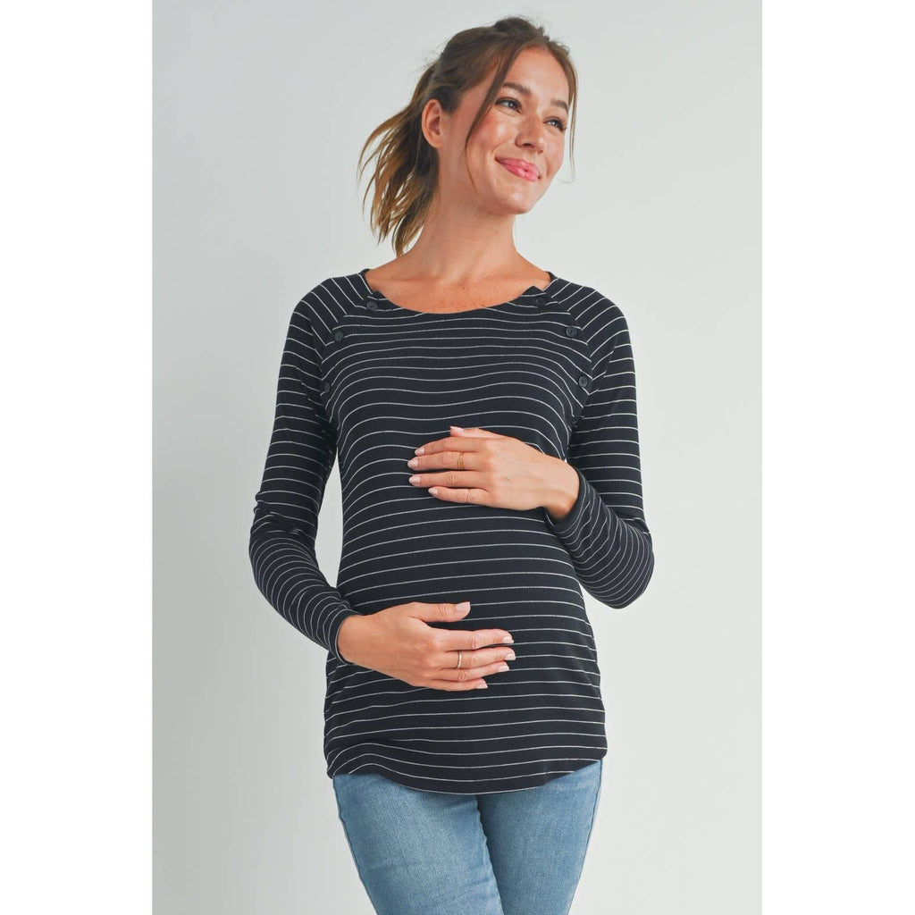Black Striped Long Sleeve Nursing Top with Button Detail