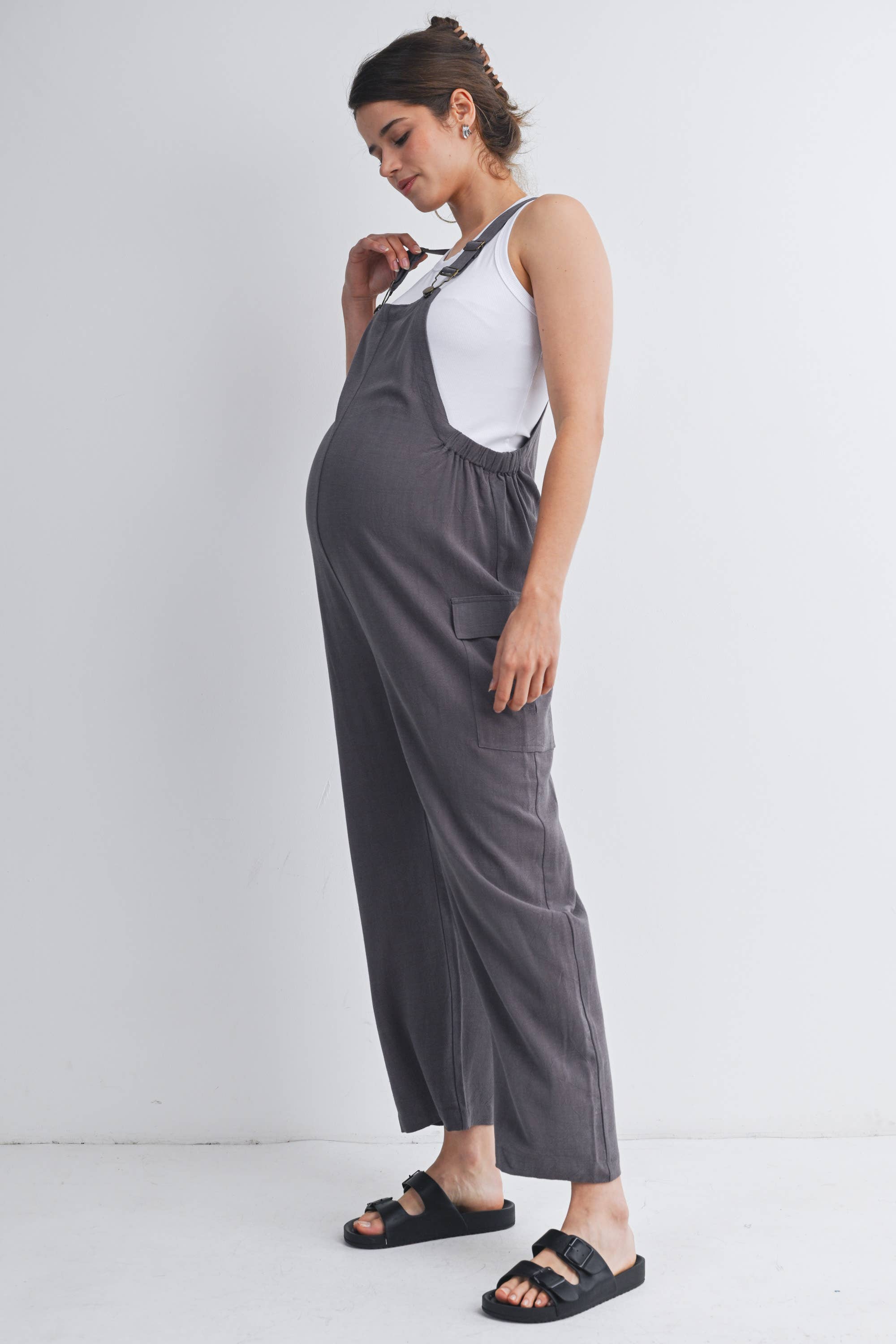 Straight Leg Maternity Adjustable Overalls  Grey