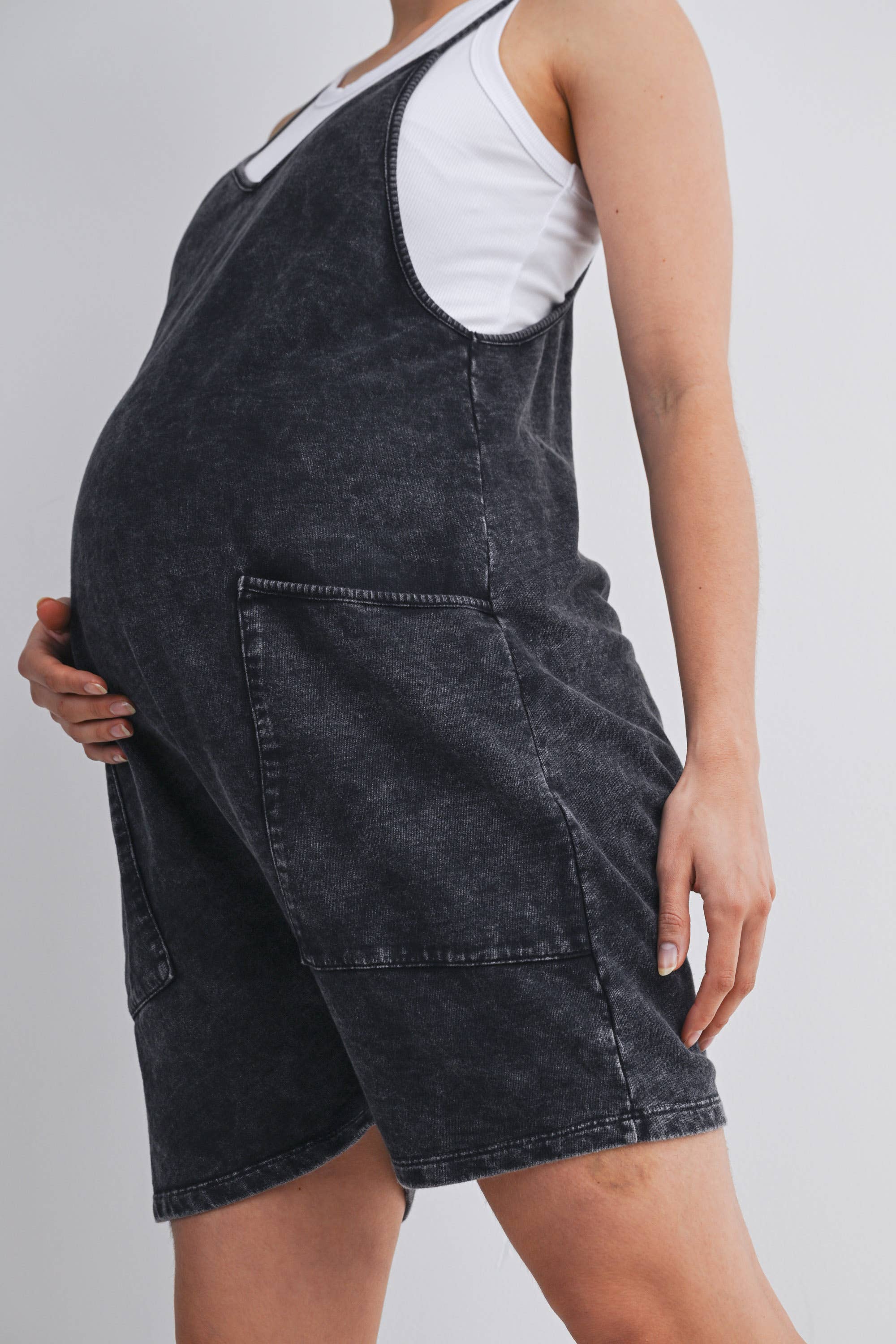 Washed Black Maternity Romper with Adjustable Strap