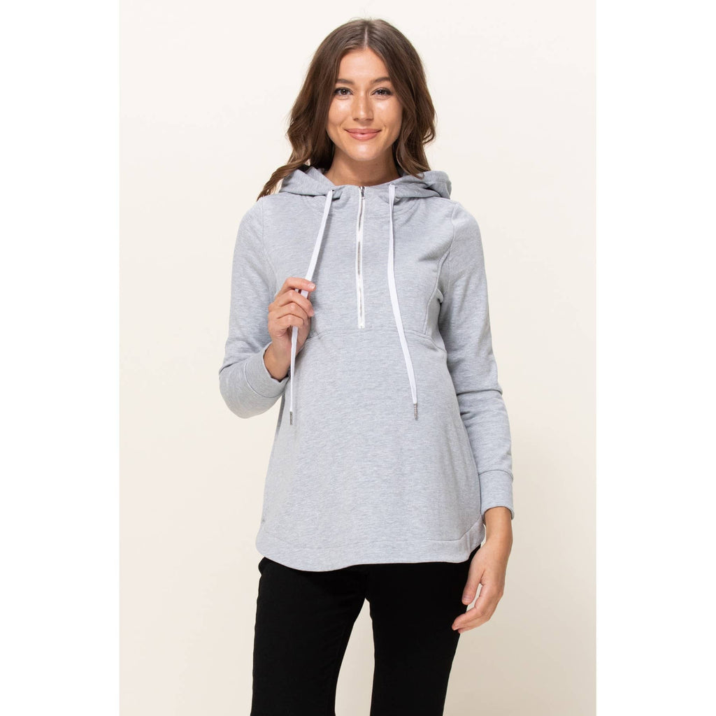 Heather Grey French Terry Half-Zip Maternity Nursing Hoodie