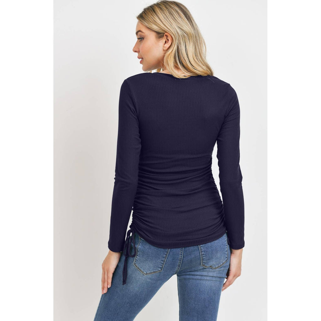 Black Ribbed Adjustable Ruching with Tie Long Sleeve Top