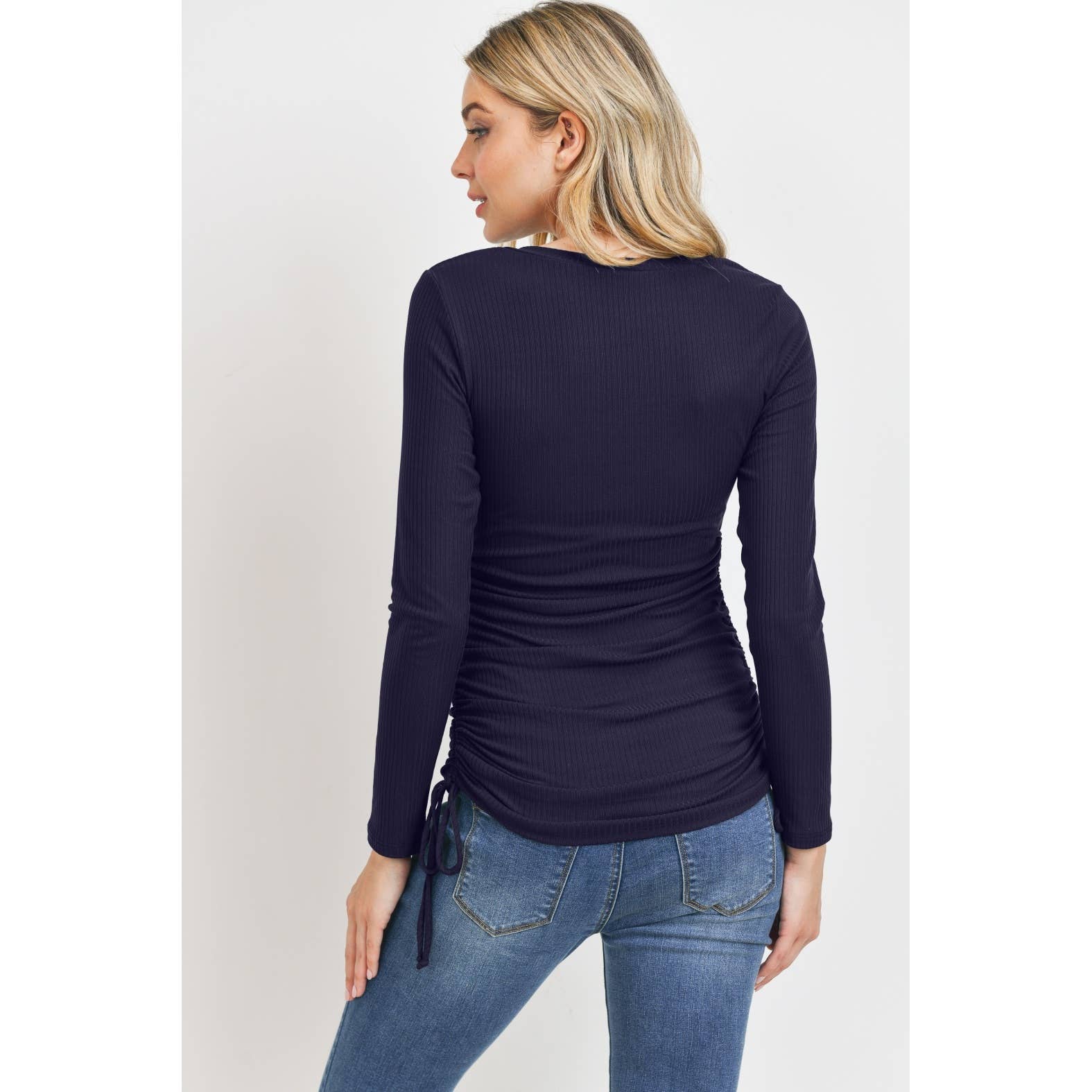 Black Ribbed Adjustable Ruching with Tie Long Sleeve Top