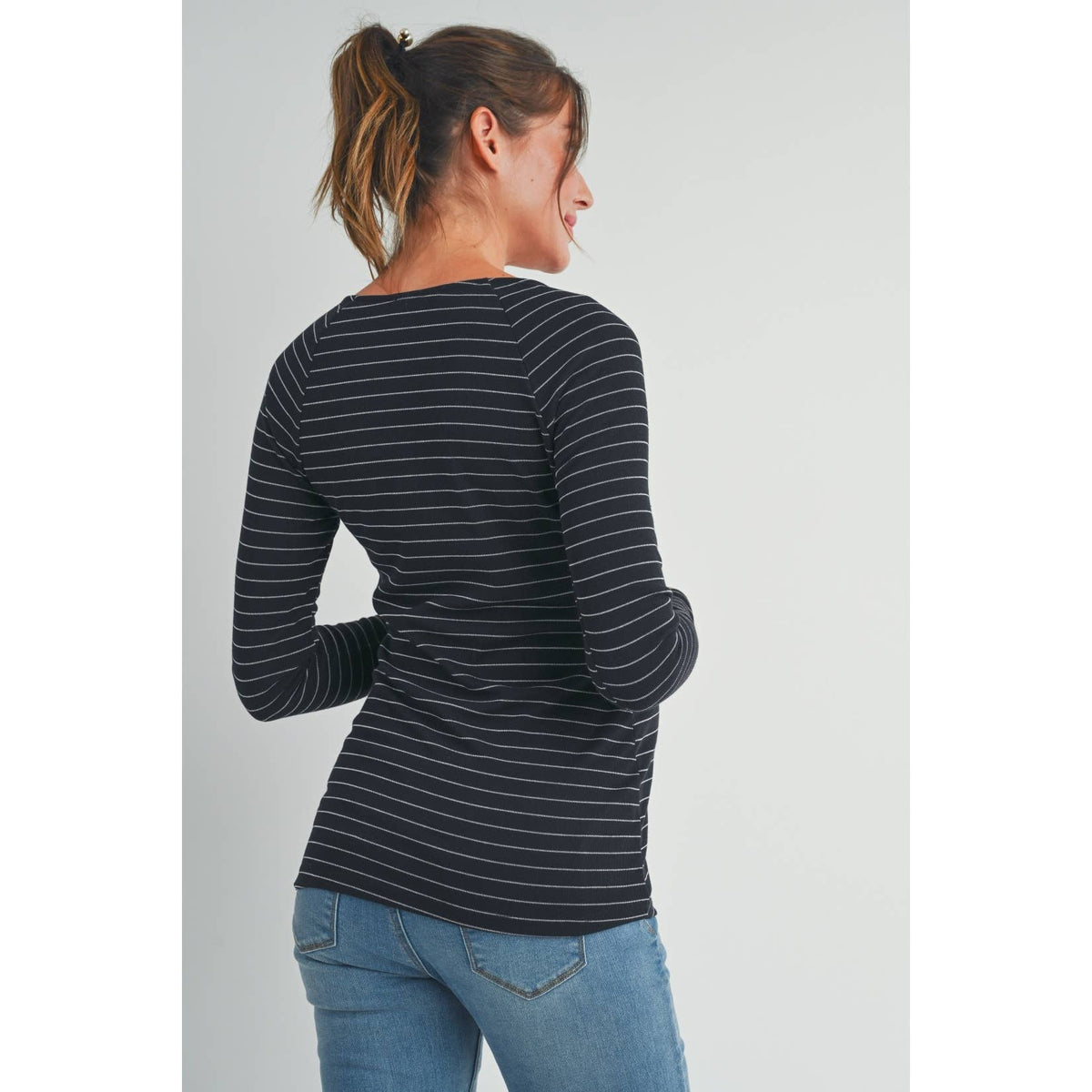 Black Striped Long Sleeve Nursing Top with Button Detail