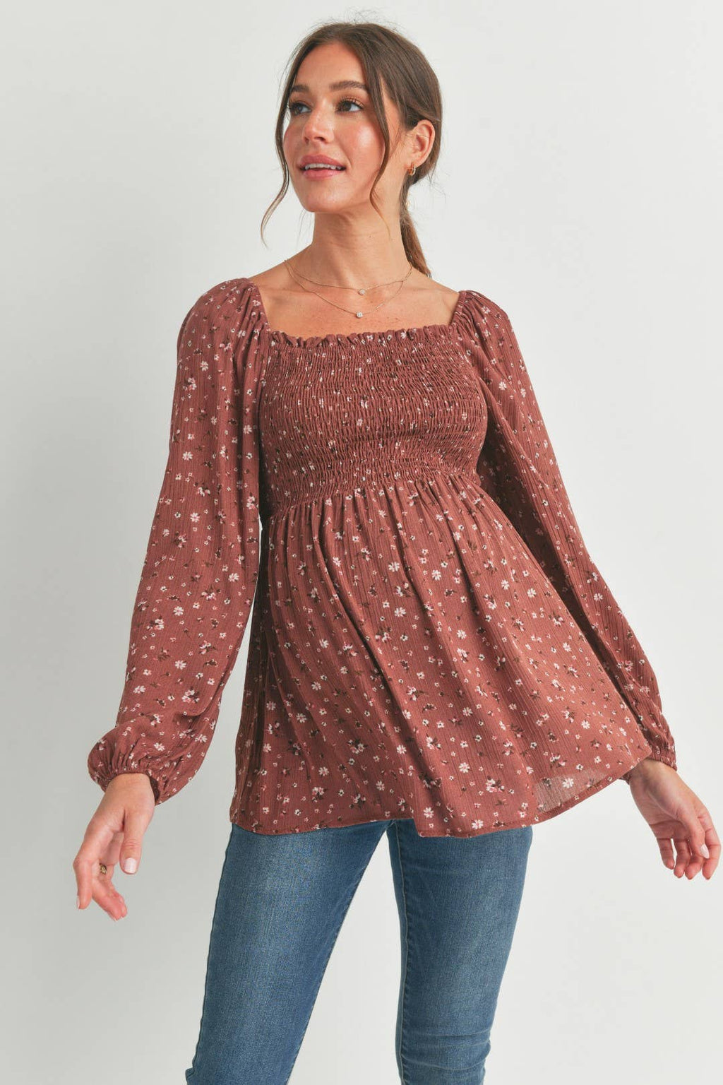 Brown Floral Print Smocked Maternity Blouse