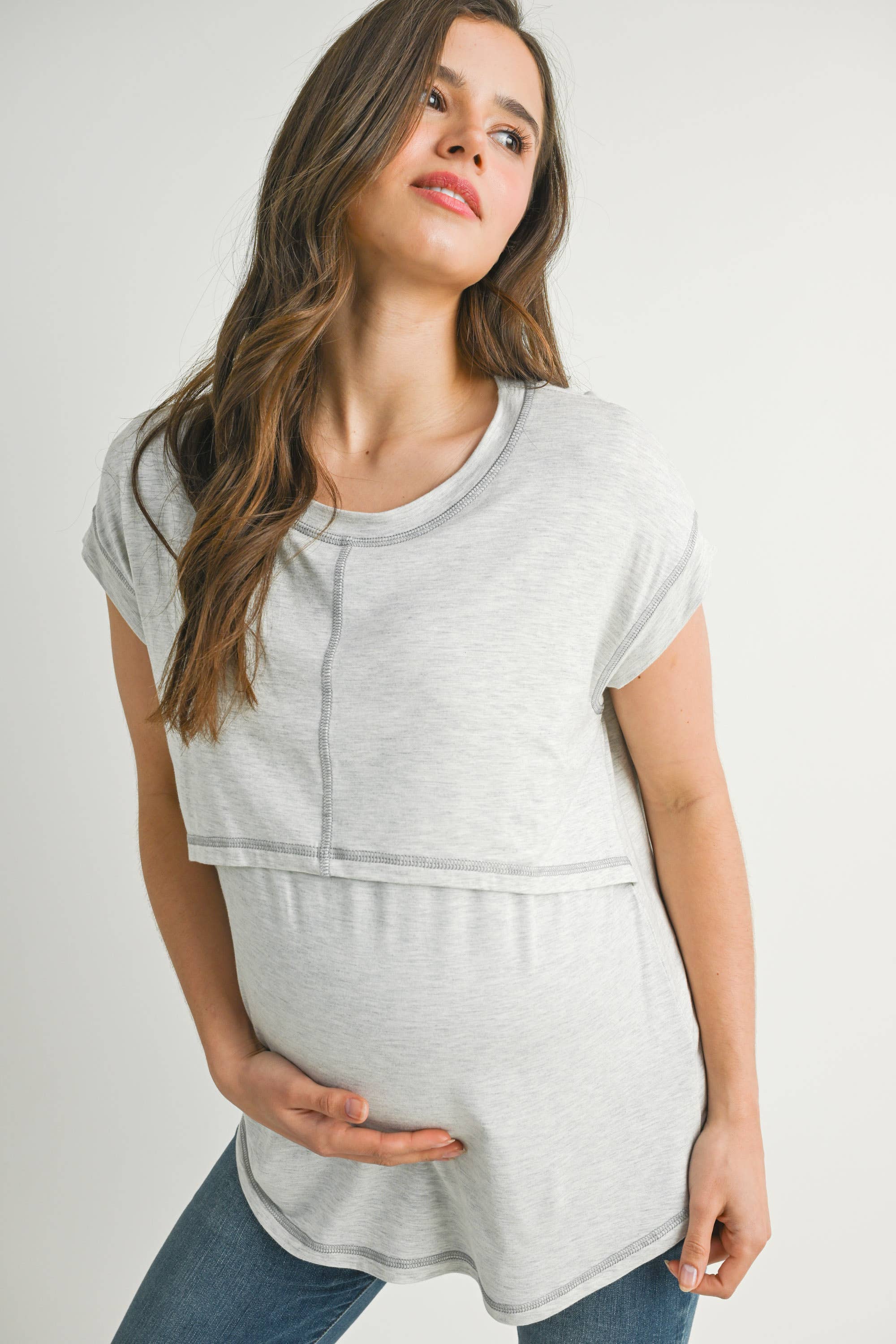 Oatmeal Double Layer Short Sleeve Maternity Nursing Top