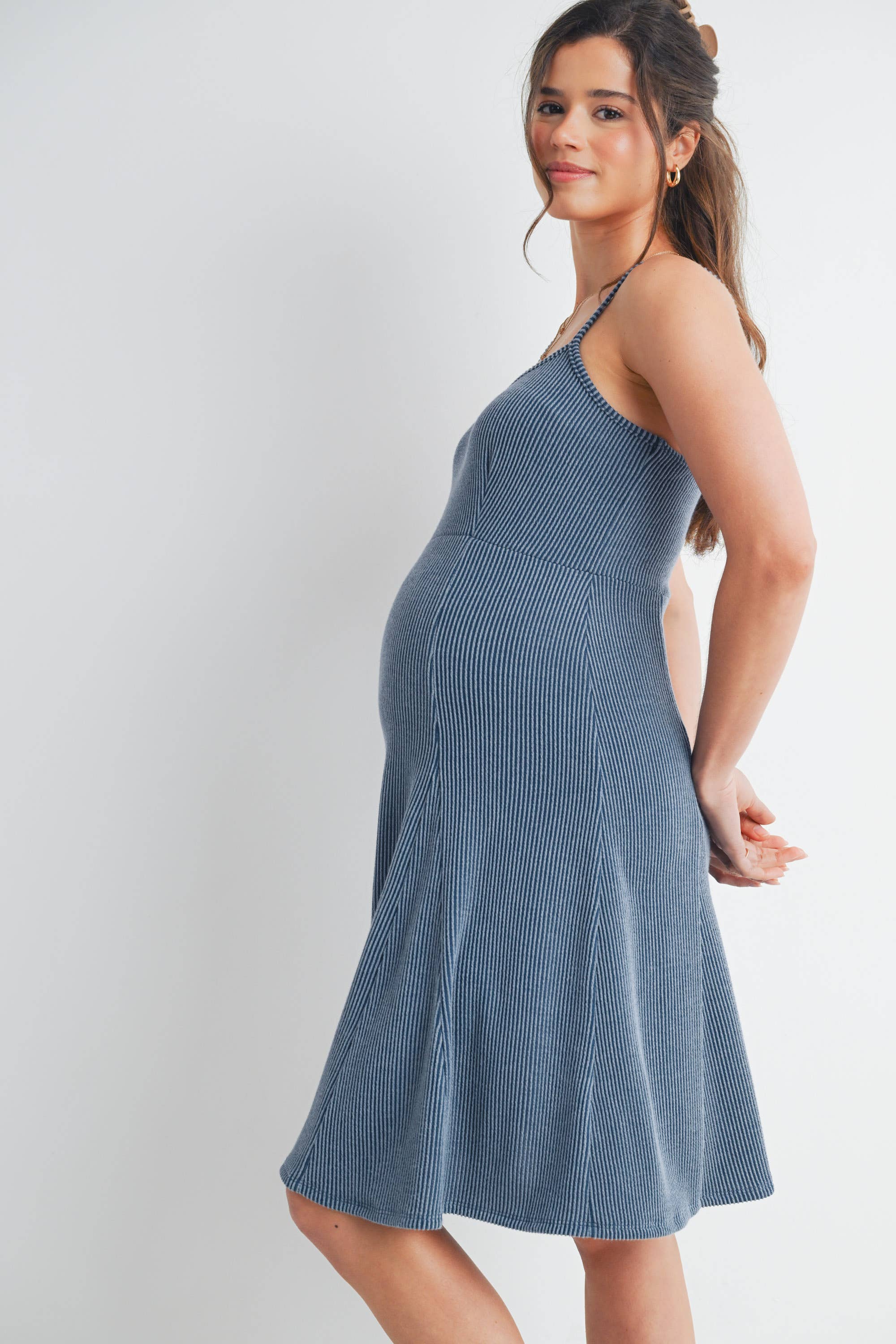 Denim Blue Ribbed Sleeveless Maternity Skater Dress