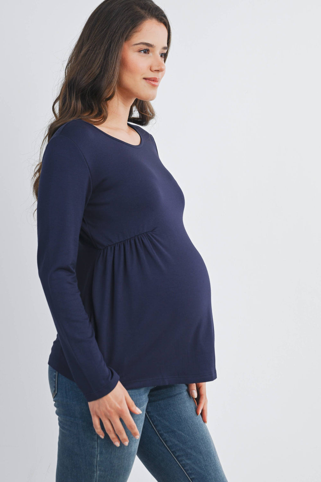 Navy French Terry Long Sleeve Scoop Neck Maternity Top
