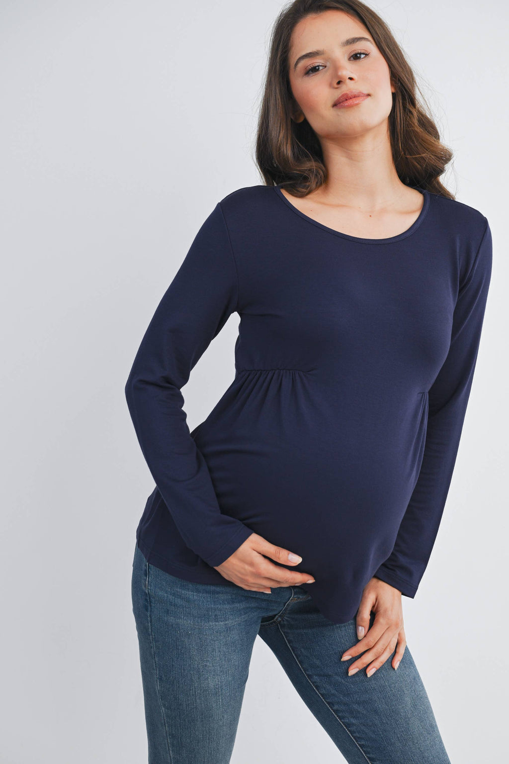 Navy French Terry Long Sleeve Scoop Neck Maternity Top